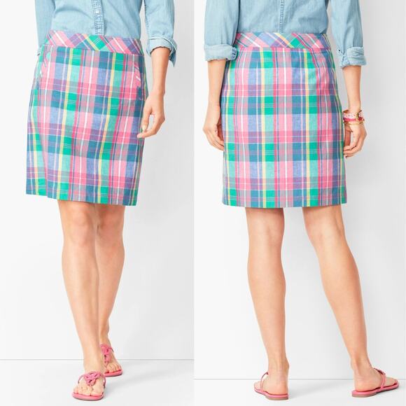 Talbots | NWT Madras Plaid Pastel Linen Blend Knee Length A-lined Skirt - Picture 1 of 8